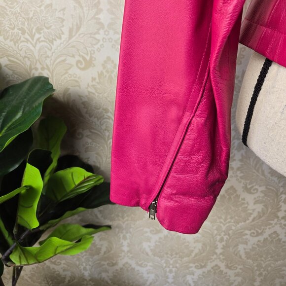 Vintage Wilson's Leather Sz Medium Bright Pink Leather Jacket Zip Front Pintuck - Picture 9 of 14